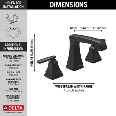 Delta Ashlyn Matte Black Finish Two Handle Widespread Lavatory Faucet with Matching Metal Pop-Up D3564BLMPUDST