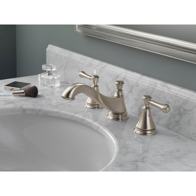 Delta Cassidy Stainless Steel Finish Widespread Lavatory Low Arc Spout Bathroom Sink Faucet INCLUDES Two Lever Handles and Matching Metal Pop-Up Drain D1311V
