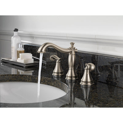 Delta Cassidy Stainless Steel Finish Wide Spread Lavatory Bathroom Sink Faucet INCLUDES Two French Curve Lever Handles and Matching Metal Pop-Up Drain D1305V