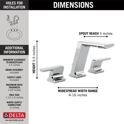 Delta Pivotal Chrome Finish Modern Two Handle Widespread Bathroom Faucet with Matching Finish Drain D3599LFMPU