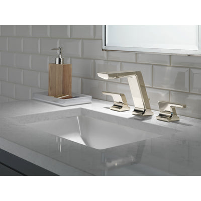 Delta Pivotal Polished Nickel Finish Modern Two Handle Widespread Bathroom Faucet with Matching Finish Drain D3599LFPNMPU