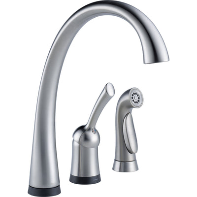 Delta Arctic Stainless Finish Pilar Single Handle Kitchen Faucet with Touch2O Technology and Side Spray and Deck Mount Soap Dispenser Package D070CR
