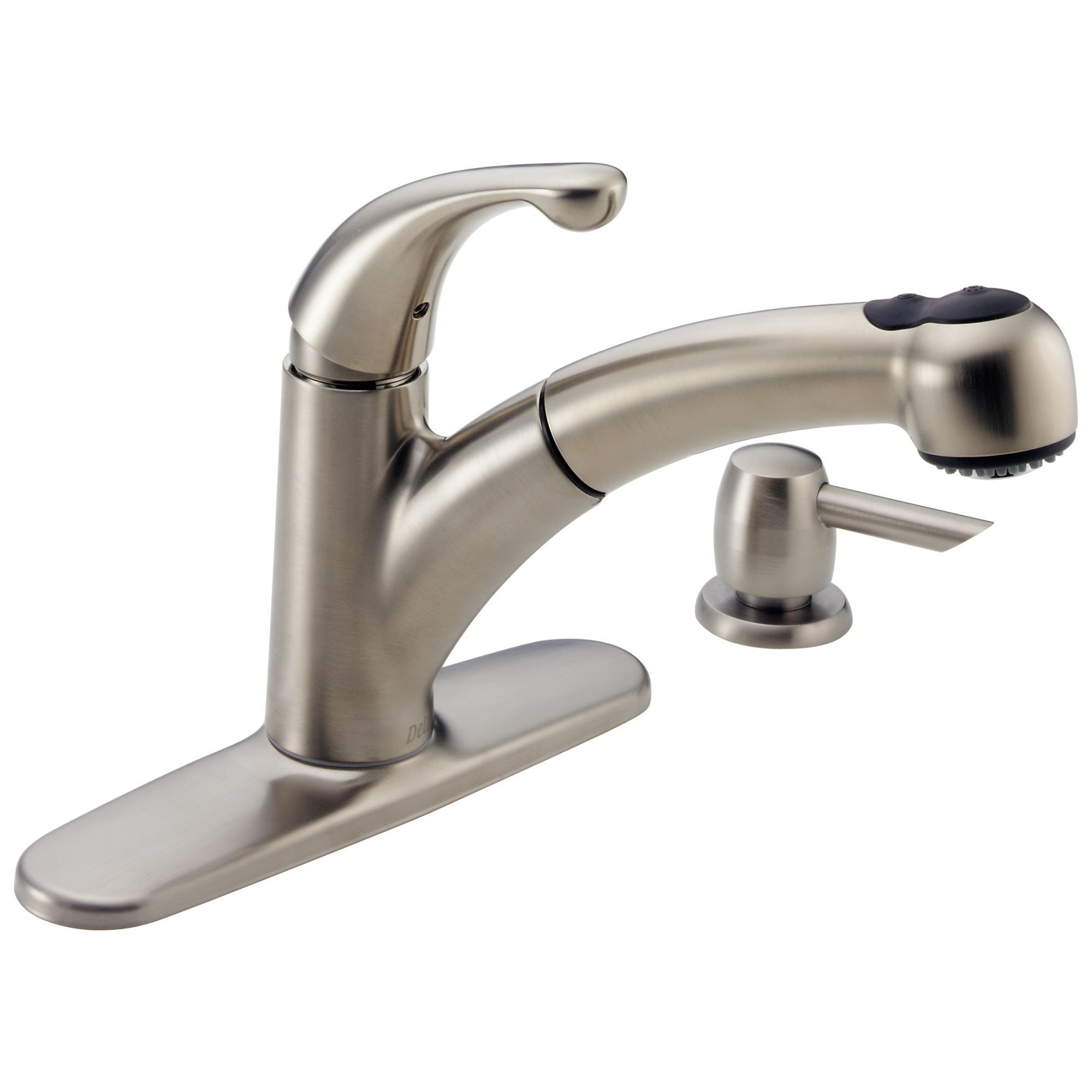 Delta Stainless Steel Finish Single Handle Pull-Out Kitchen Sink Faucet with Soap Dispenser 447045