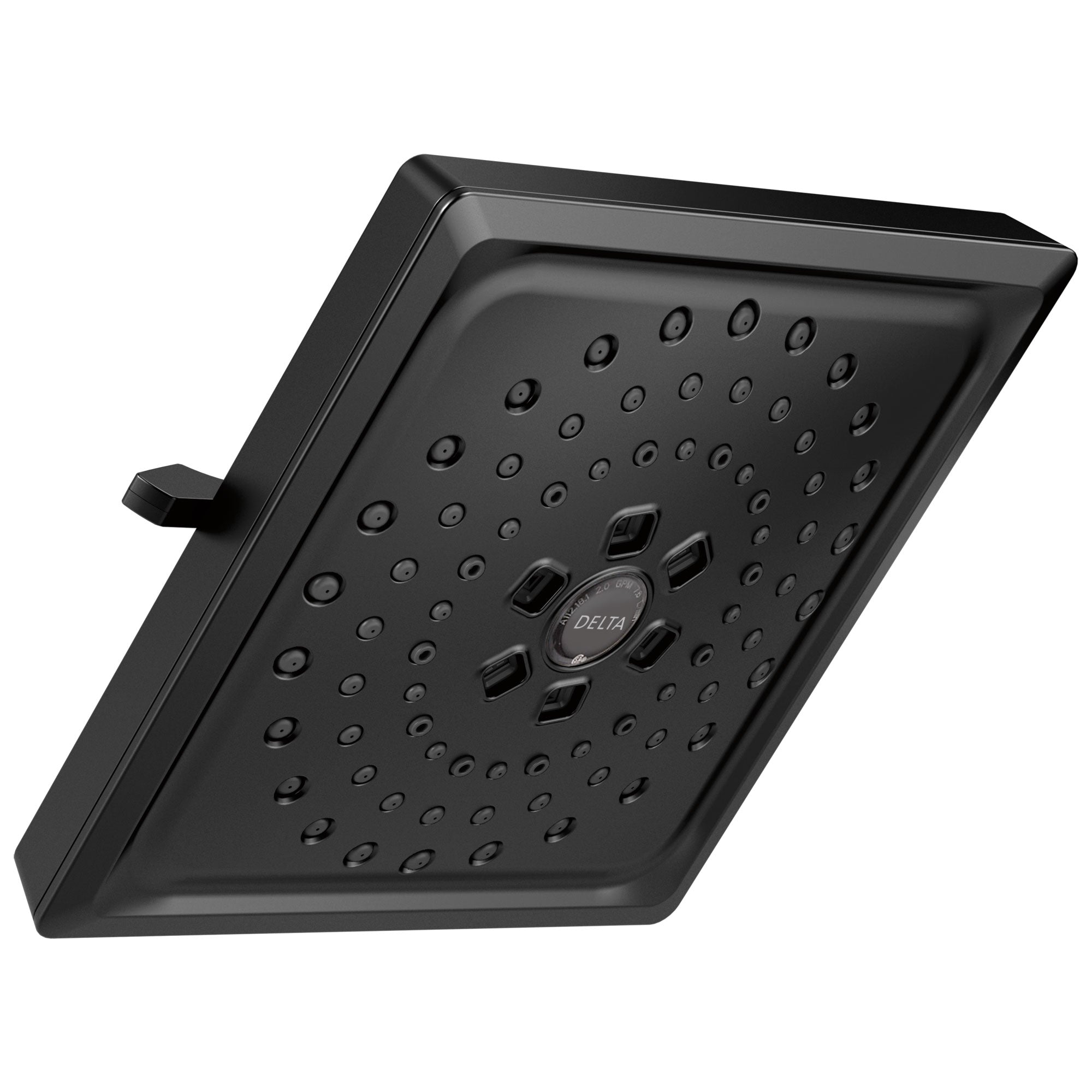 Delta Universal Showering Components Collection Matte Black Finish H2Okinetic 3-Setting Modern Square Raincan Shower Head D52684BL