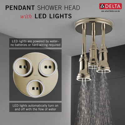 Delta Polished Nickel Finish 2.5 GPM H2Okinetic Pendant Triple Ceiling Mount Raincan Shower Head with Water-Powered LED Light D57190PN25L