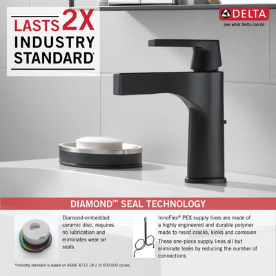 Delta Zura Matte Black Finish Single Handle Bathroom Sink Faucet with Matching Drain D574BLMPUDST