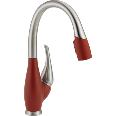 Delta Fuse Collection Stainless Steel and Red Finish Single Handle Pull Down Kitchen Sink Faucet and Deck Mounted Soap Dispenser Package D075CR