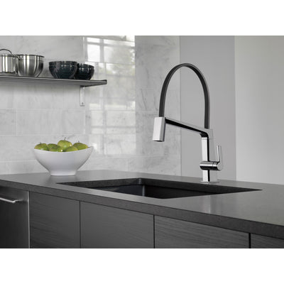 Delta Pivotal Chrome Finish Single Handle Exposed Hose Kitchen Faucet D9693DST