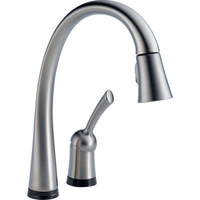 Delta Arctic Stainless Finish Pilar Single Handle Pull Down Kitchen Faucet with Touch2O Technology, Soap Dispenser, and Bar Faucet Package D031CR