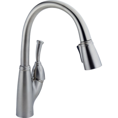 Delta Arctic Stainless Finish Allora Collection Single Handle Pull Down Kitchen Faucet, Soap Dispenser, and Pull Out Bar / Prep Faucet Package D034CR