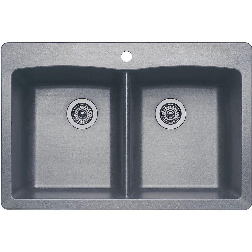Blanco Diamond Dual Mount Composite 22x9.5x33 1-Hole Double Bowl Kitchen Sink in Metallic Gray 566701