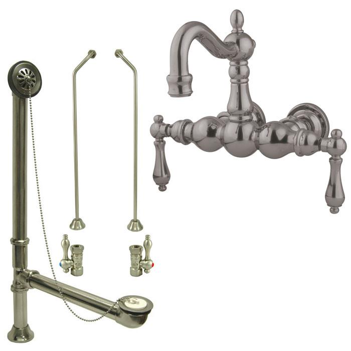 Satin Nickel Wall Mount Clawfoot Tub Faucet Package w Drain Supplies Stops CC1001T8system
