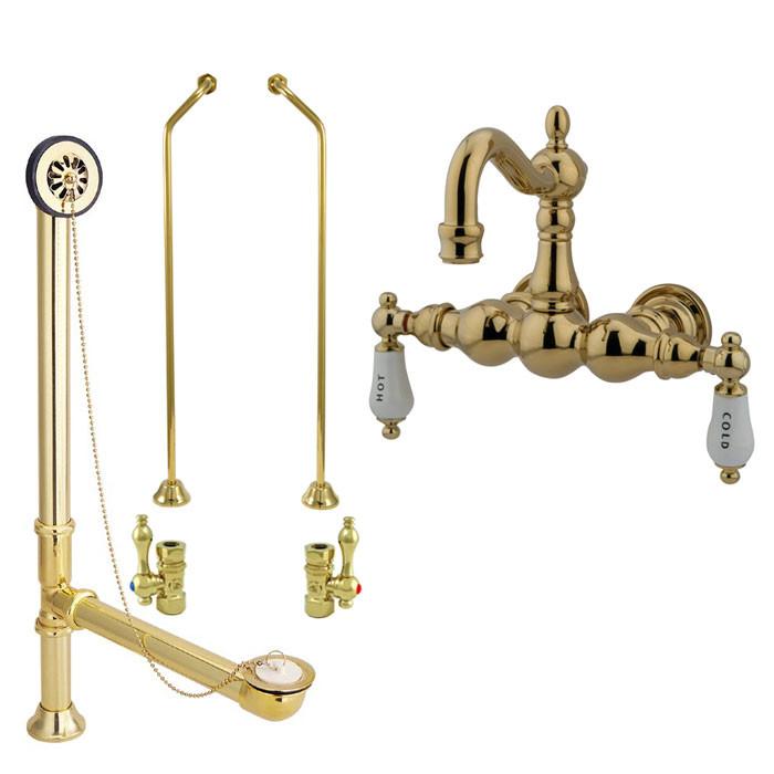 Polished Brass Wall Mount Clawfoot Tub Faucet Package w Drain Supplies Stops CC1003T2system
