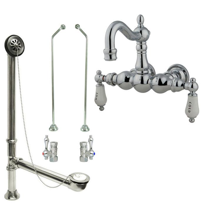 Chrome Wall Mount Clawfoot Tub Faucet Package w Drain Supplies Stops CC1004T1system