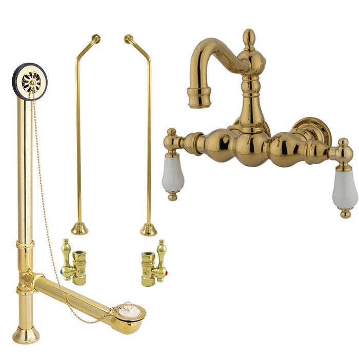 Polished Brass Wall Mount Clawfoot Tub Faucet Package w Drain Supplies Stops CC1005T2system