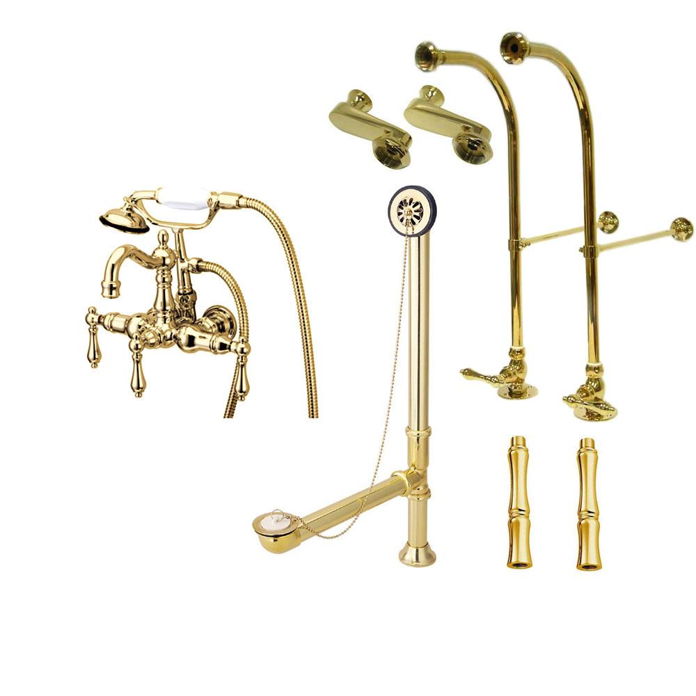 Freestanding Floor Mount Polished Brass Metal Lever Handle Clawfoot Tub Filler Faucet with Hand Shower Package 1007T2FSP