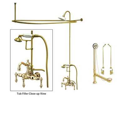 Polished Brass Clawfoot Tub Faucet Shower Kit with Enclosure Curtain Rod 1007T2CTS