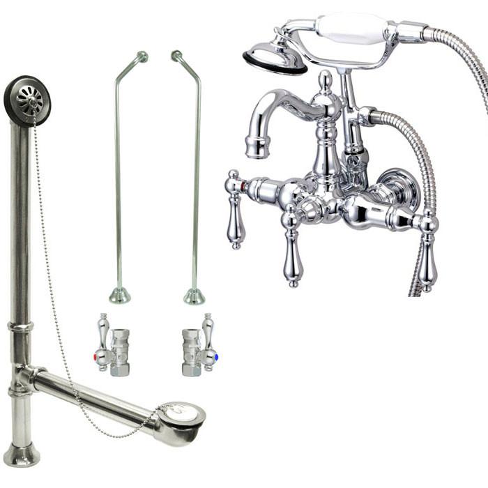 Chrome Wall Mount Clawfoot Tub Faucet w hand shower w Drain Supplies Stops CC1008T1system