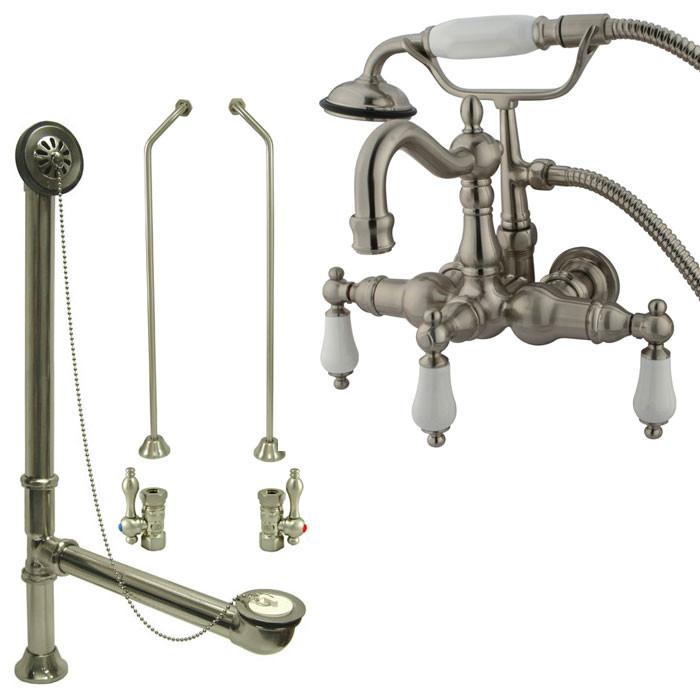 Satin Nickel Wall Mount Clawfoot Tub Faucet w hand shower w Drain Supplies Stops CC1011T8system