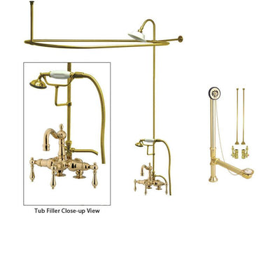 Polished Brass Clawfoot Tub Faucet Shower Kit with Enclosure Curtain Rod 1013T2CTS