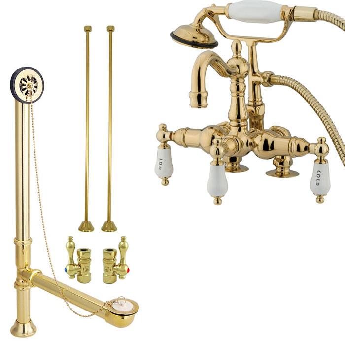 Polished Brass Deck Mount Clawfoot Tub Faucet Package w Drain Supplies Stops CC1017T2system