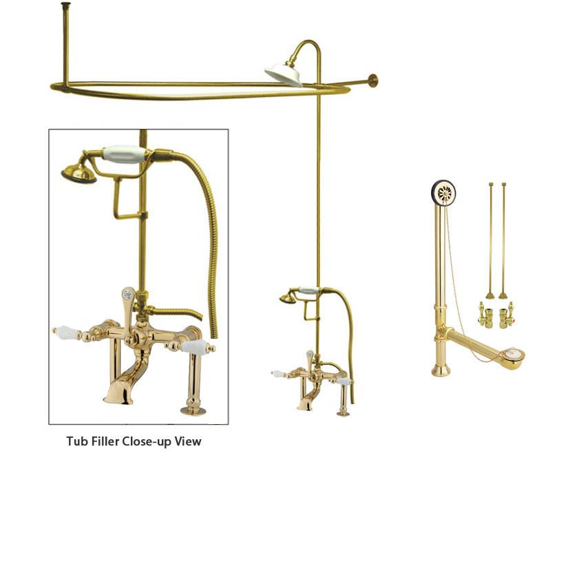 Polished Brass Clawfoot Tub Faucet Shower Kit with Enclosure Curtain Rod 105T2CTS