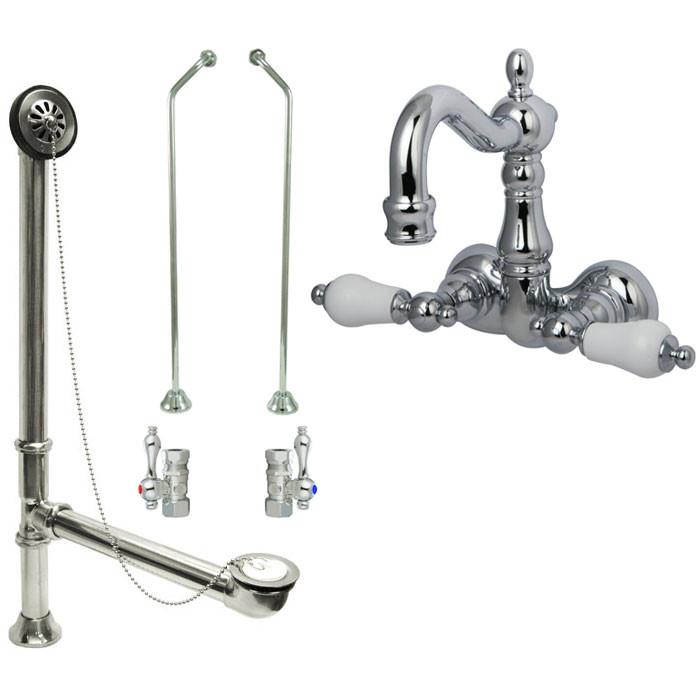 Chrome Wall Mount Clawfoot Tub Faucet Package w Drain Supplies Stops CC1076T1system