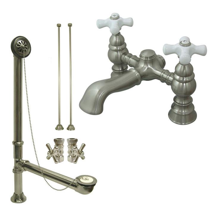 Satin Nickel Deck Mount Clawfoot Tub Faucet Package w Drain Supplies Stops CC1136T8system