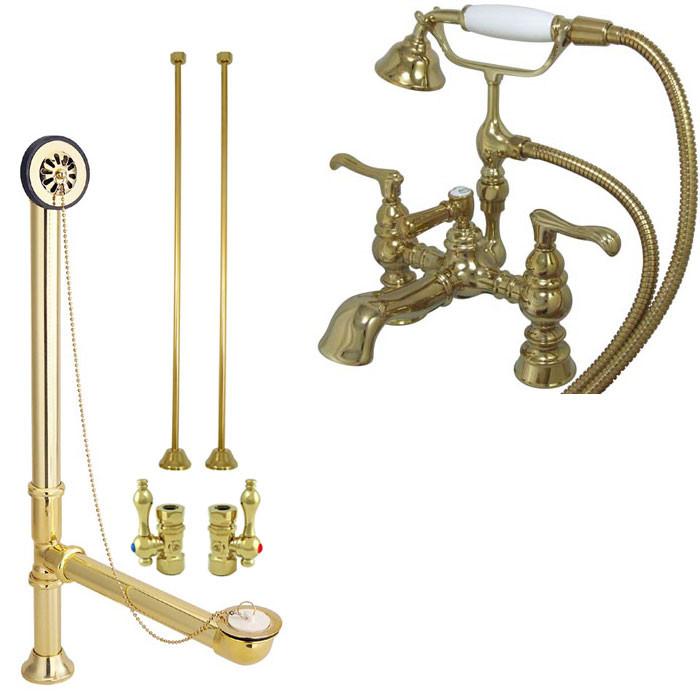 Polished Brass Deck Mount Clawfoot Tub Faucet Package w Drain Supplies Stops CC1152T2system