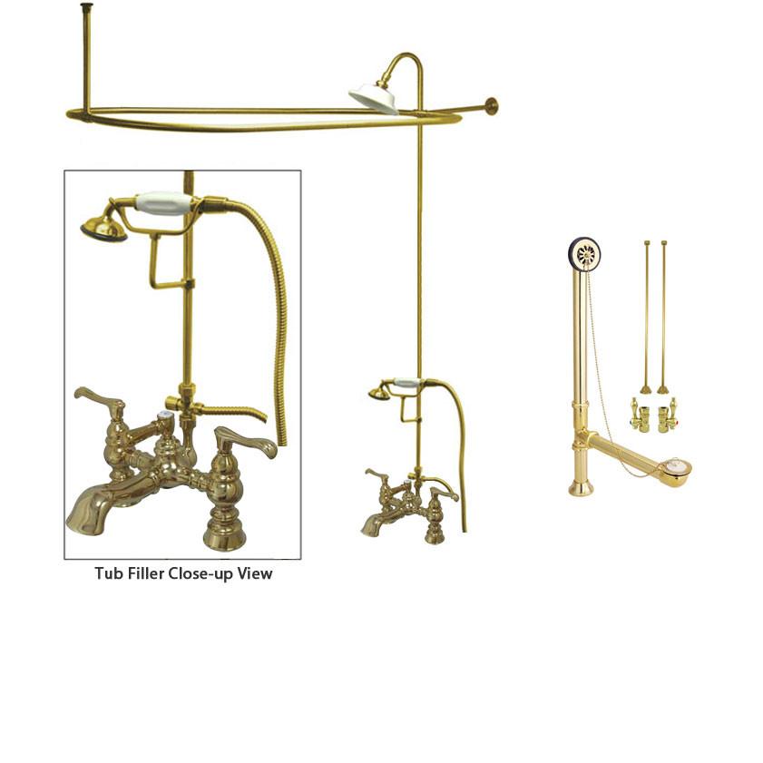 Polished Brass Clawfoot Tub Faucet Shower Kit with Enclosure Curtain Rod 1152T2CTS