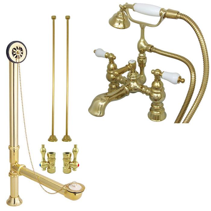 Polished Brass Deck Mount Clawfoot Tub Faucet Package w Drain Supplies Stops CC1156T2system
