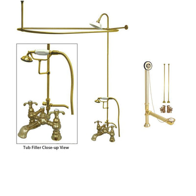 Polished Brass Clawfoot Tub Faucet Shower Kit with Enclosure Curtain Rod 1158T2CTS
