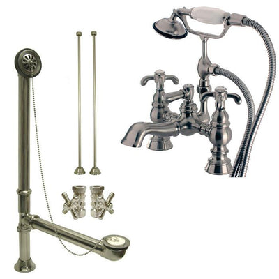 Satin Nickel Deck Mount Clawfoot Tub Faucet w hand shower w Drain Supplies Stops CC1158T8system