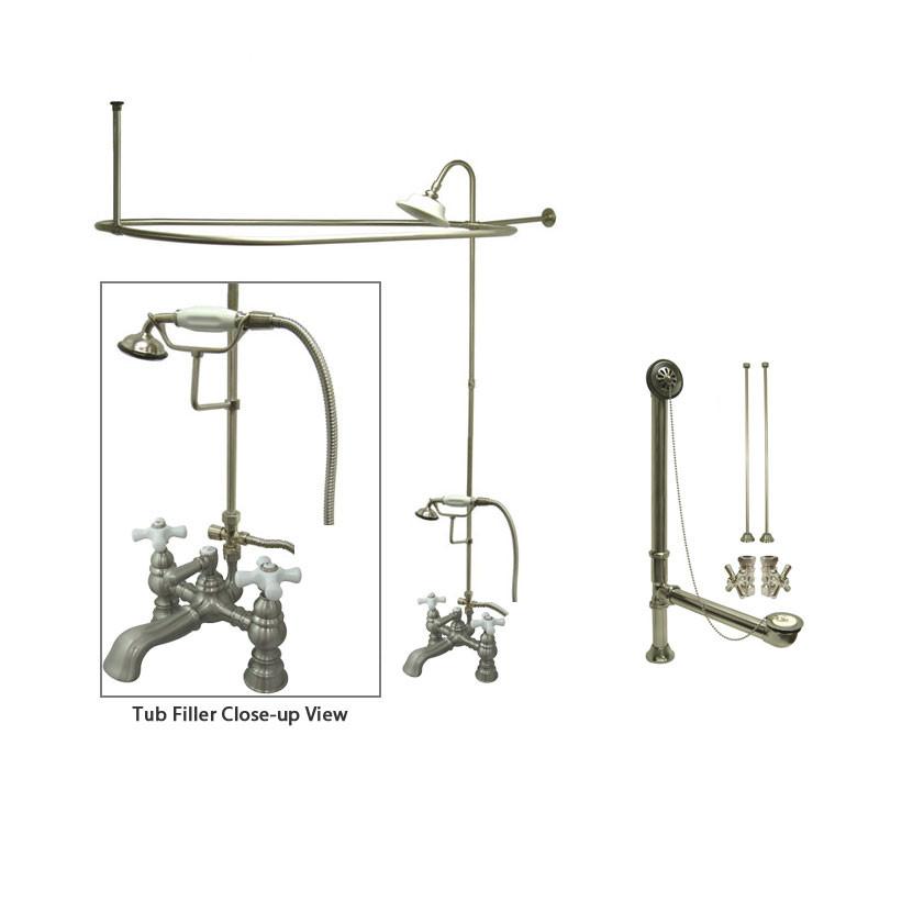 Satin Nickel Clawfoot Bathtub Faucet Shower Kit with Enclosure Curtain Rod 1160T8CTS