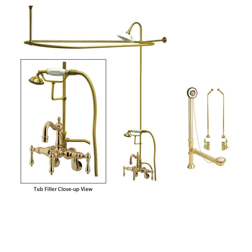 Polished Brass Clawfoot Tub Faucet Shower Kit with Enclosure Curtain Rod 1301T2CTS