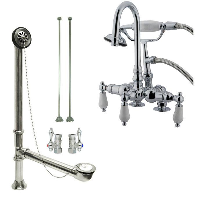 Chrome Deck Mount Clawfoot Tub Faucet w hand shower w Drain Supplies Stops CC16T1system