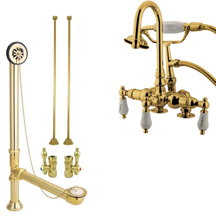Polished Brass Deck Mount Clawfoot Tub Faucet w hand shower Drain Supplies Stops CC17T2system