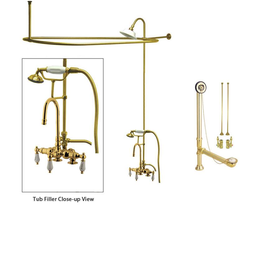 Polished Brass Clawfoot Tub Shower Faucet Kit with Enclosure Curtain Rod 17T2CTS