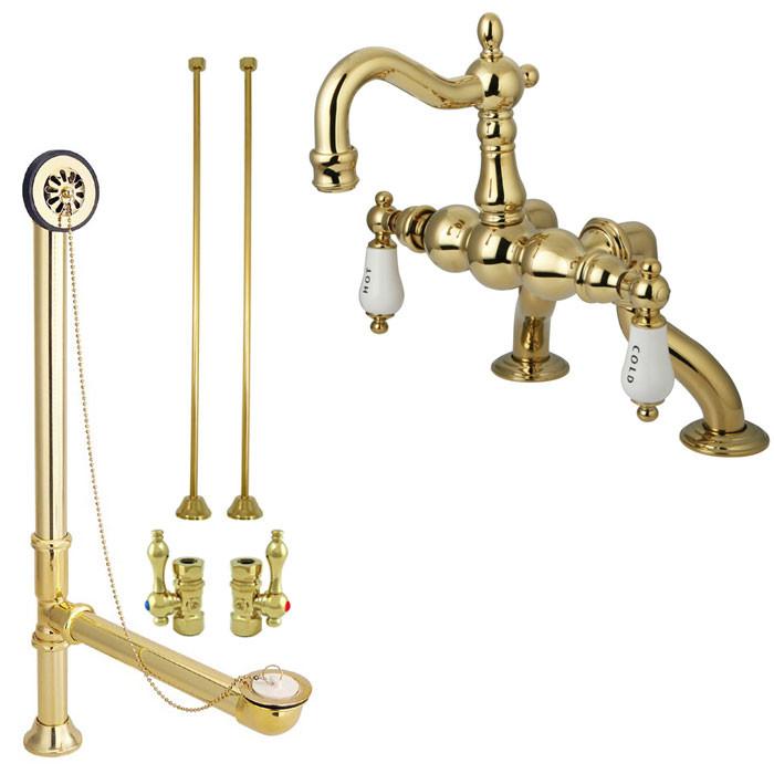 Polished Brass Deck Mount Clawfoot Tub Faucet Package w Drain Supplies Stops CC2003T2system