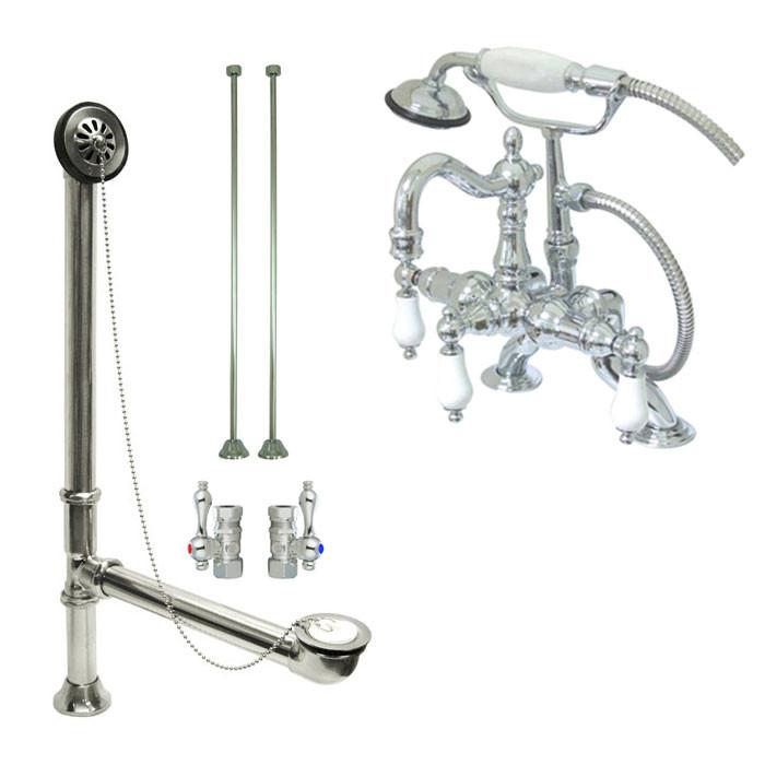 Chrome Deck Mount Clawfoot Tub Faucet w hand shower w Drain Supplies Stops CC2012T1system