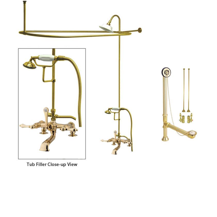 Polished Brass Clawfoot Tub Faucet Shower Kit with Enclosure Curtain Rod 203T2CTS