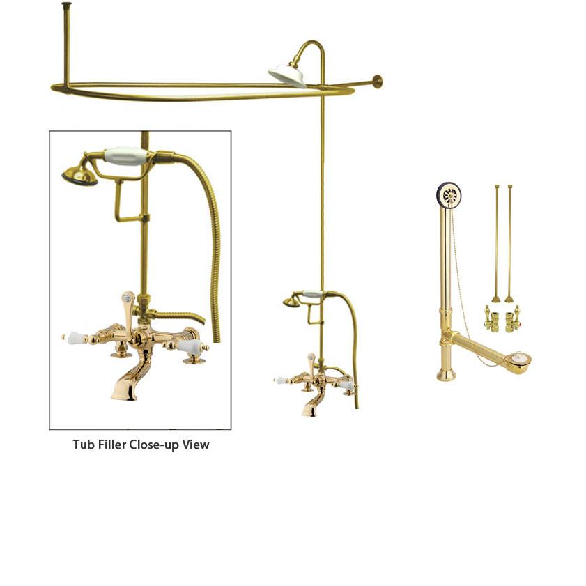 Polished Brass Clawfoot Tub Faucet Shower Kit with Enclosure Curtain Rod 205T2CTS