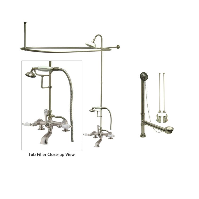 Satin Nickel Clawfoot Tub Faucet Shower Kit with Enclosure Curtain Rod 205T8CTS