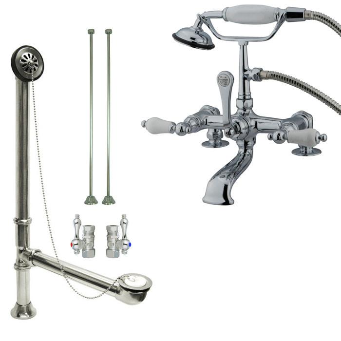 Chrome Deck Mount Clawfoot Tub Faucet w hand shower w Drain Supplies Stops CC206T1system