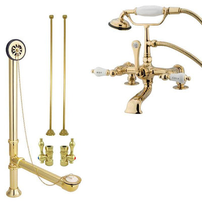 Polished Brass Deck Mount Clawfoot Tub Faucet Package w Drain Supplies Stops CC207T2system