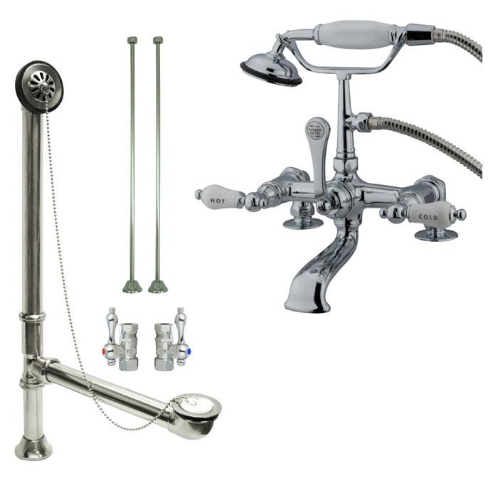 Chrome Deck Mount Clawfoot Tub Faucet w hand shower w Drain Supplies Stops CC208T1system