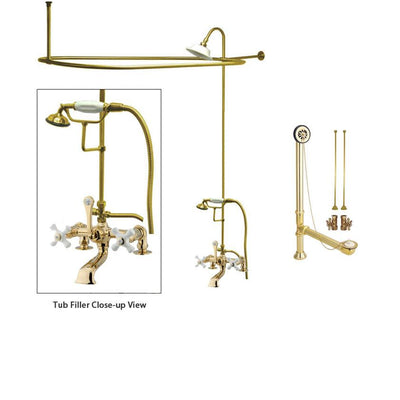 Polished Brass Clawfoot Tub Shower Faucet Kit with Enclosure Curtain Rod 211T2CTS