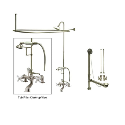 Satin Nickel Clawfoot Bathtub Faucet Shower Kit with Enclosure Curtain Rod 211T8CTS