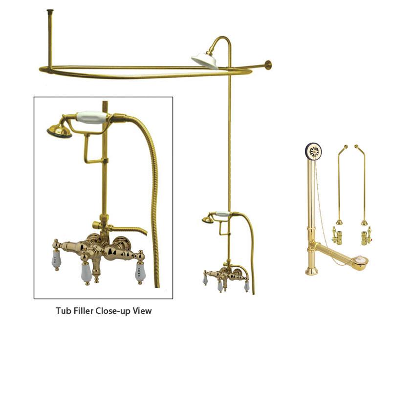Polished Brass Clawfoot Tub Shower Faucet Kit with Enclosure Curtain Rod 21T2CTS