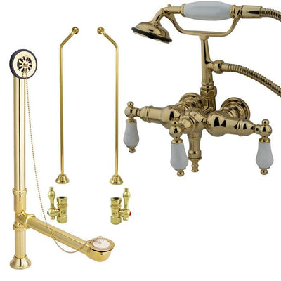 Polished Brass Wall Mount Clawfoot Tub Faucet w hand shower Drain Supplies Stops CC23T2system